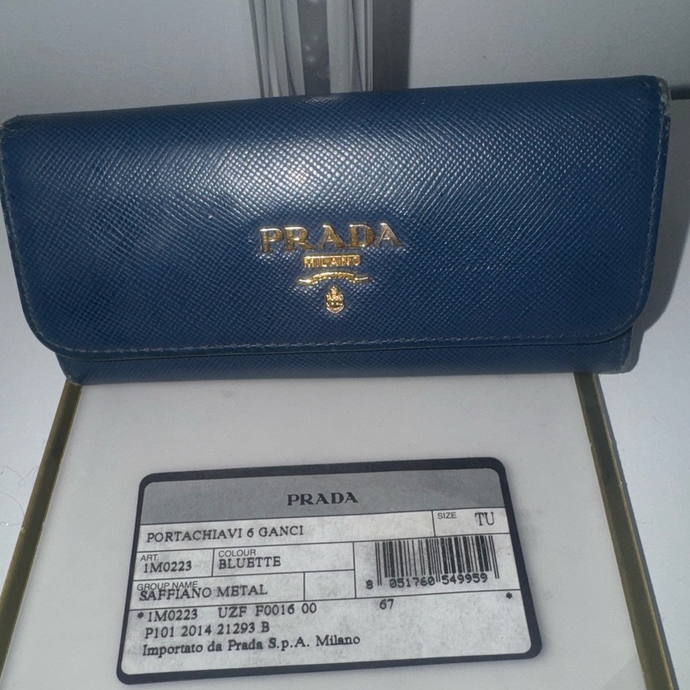 Prada Bluette Saffiano Leather Key and Card Holder